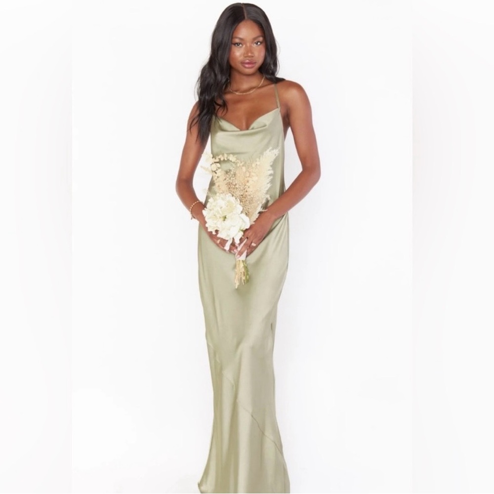 Show Me Your MuMu Sage Green Satin Cowl Maxi Dress with Floral Appliqué